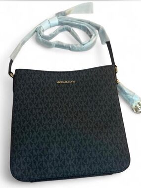 Michael Kors Black Logo-Print Crossbody with Gold Hardware